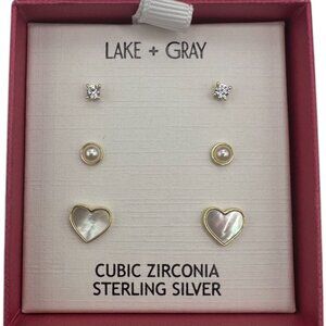NEW Lake + Gray 925 Sterling Silver Pearl Cubic Zirconia 3 Pair Earring Set